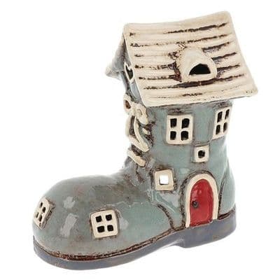 Shudehill Giftware Village Pottery Small Boot House Tealight Holder - Grey/Cream