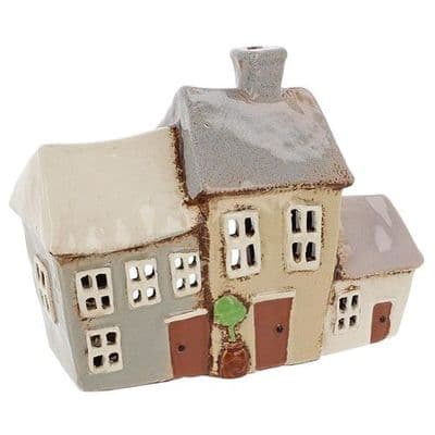 Village Pottery  Garden Grey  Taupe and Cream Three House  Tealight Candle Holder