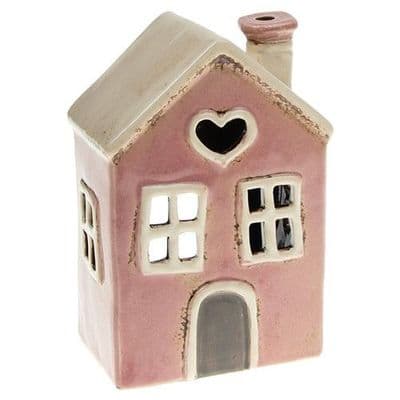 Village Pottery Heart House Soft Pink Tealight Candle Holder