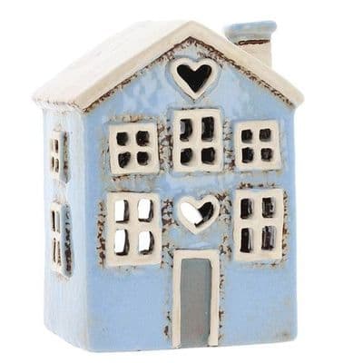 Village Pottery Small Heart House Pale Blue Tealight Candle Holder