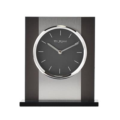 WM. Widdop Black Glass and Brushed Aluminium Contemporary Mantel Clock