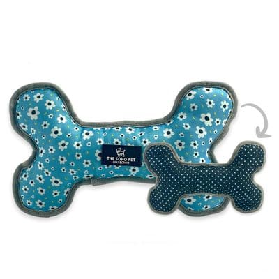 Ancol Blue Daisy Polka Reversible Dog Bone Toy – Recycled Squeaky Soft Toy 28cm