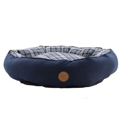 Ancol Blue & Grey Tartan Donut Dog Bed 70x60cm | Calming Plush Anxiety Relief Bed UK