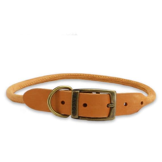 Timberwolf Round Leather Dog Collar Mustard 28–36cm UK