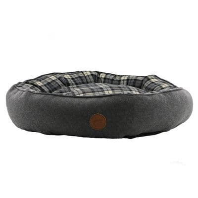Black & Grey Tartan Donut Dog Bed 70x60cm | Calming Anxiety Relief Pet Bed UK