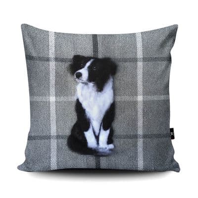 Border Collie Dog Print vegan faux suede cushion with a Fibre Inner by Sharon Salt