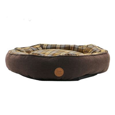 Brown & Blue Tartan Donut Dog Bed 70x60cm | Anxiety Relief Plush Calming Pet Bed UK