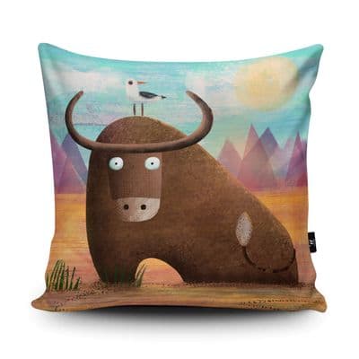 Bull Meets Seagull Print vegan faux suede cushion with a Fibre Inner by Jonathan Willoughby