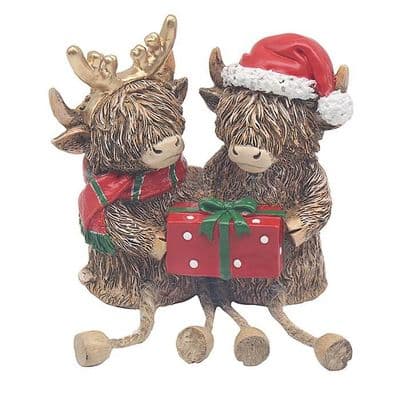 Christmas Highland Cow Parcel Dangle Double