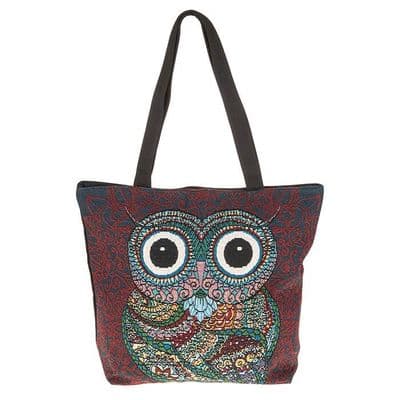 Decorative Owl Tote Bag in Red and Blue