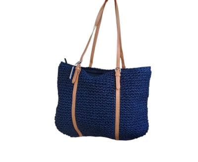 Equilibrium Navy Woven Tote Bag Large Lightweight Crochet Beach Holiday Shopper