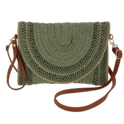Equilibrium Sage Green Woven Crossbody Bag – Ladies Handbag with Gold Trim & Strap