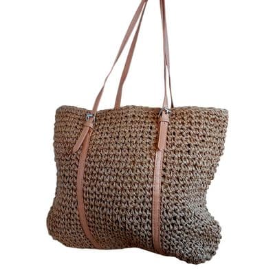 Equilibrium Tan Woven Tote Bag Large Lightweight Crochet Beach Holiday Bag UK