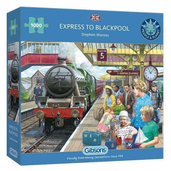 Express to Blackpool 1000-Piece Gibsons Jigsaw Puzzle – Steam Train Seaside Holiday Puzzle by Stephen Warnes