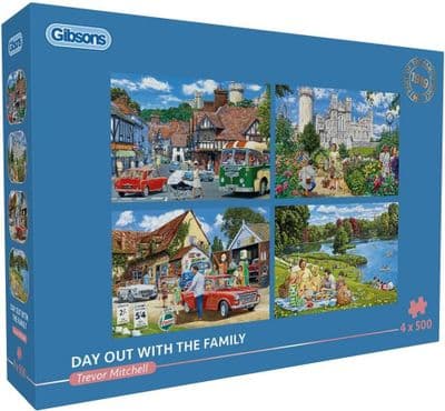 Gibsons Day Out with the Family 4×500 Piece Jigsaw Puzzle Set – Nostalgic Countryside UK