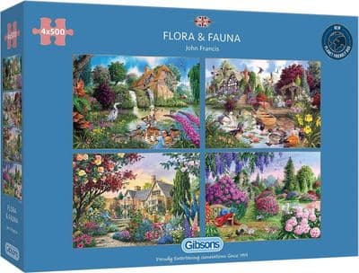 Gibsons Flora and Fauna 4 x 500 Piece Jigsaw Puzzle Set – English Countryside Scenes