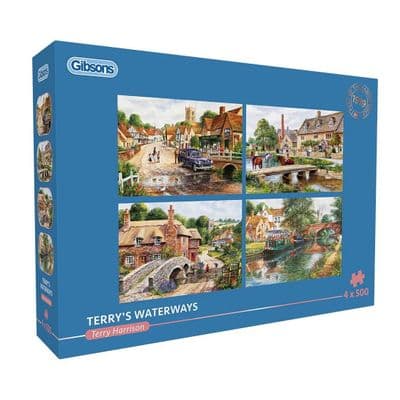 Gibsons Terry Harrison Waterways 4 x 500 Piece Jigsaw Puzzle Set – British Canal Landscapes