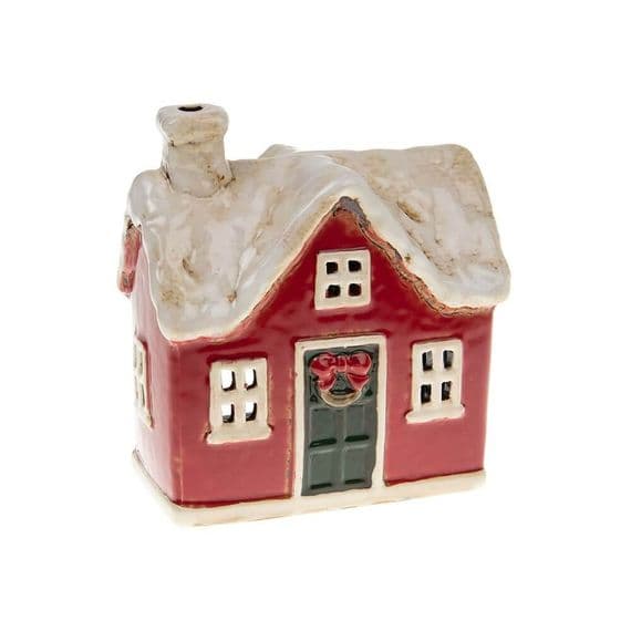 Handcrafted Snowy Christmas Cottage Tealight Holder | Village Pottery Ornament