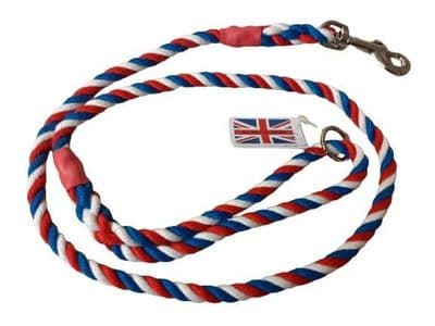 K J K Ropeworks Red, White & Blue  8mm, 1.2m Rope Lead with Clip & Ring - Nickel Plated Fittings