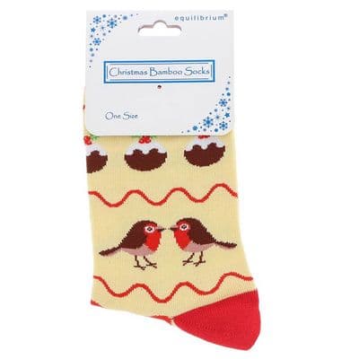 Ladies Christmas Bamboo Socks – Robin & Pudding Design, One Size UK, Festive Socks