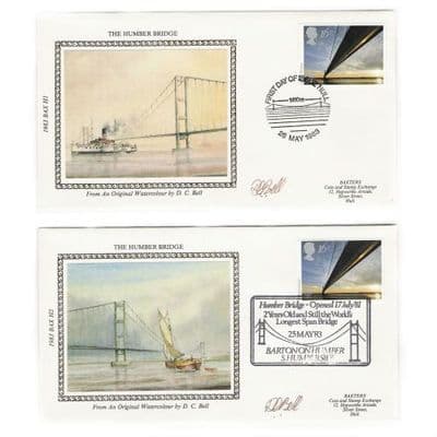 Limited Edition Humber Bridge Silk First Day Cover Pair – Signed David Bell Artwork, 25 May 1983