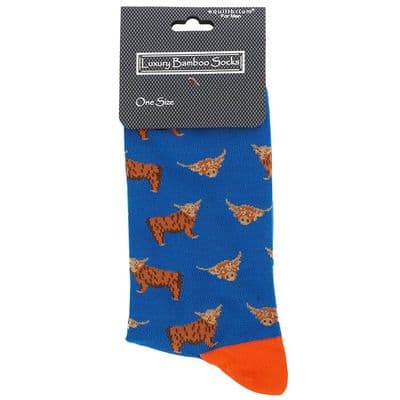 Men’s Highland Cow Blue Luxury Bamboo Socks – Soft Breathable UK One Size Gift