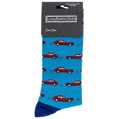 Men’s Red Car Luxury Bamboo Blue Socks – Soft Breathable UK One Size Gift