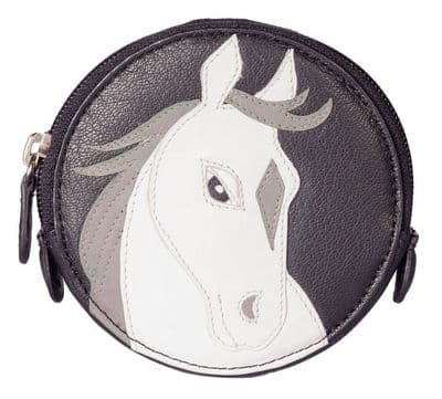 Pinky White Horse Round Black Leather Coin Purse