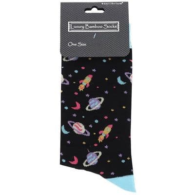 Planets Bamboo Men’s Black Socks One Size UK – Soft Breathable Space Design Socks