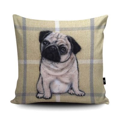 Pug Dog Print vegan faux suede cushion with a Fibre Inner by Sharon Salt