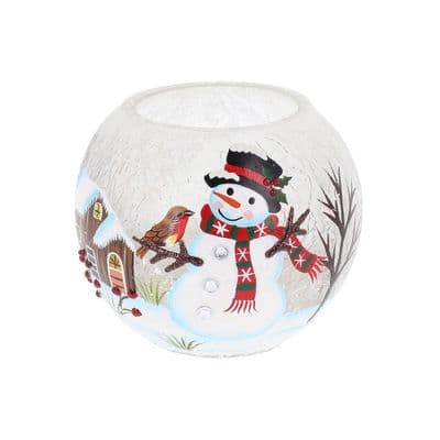 Snowman Christmas Crackle Glass Round Tealight Holder – Festive Candle Decoration