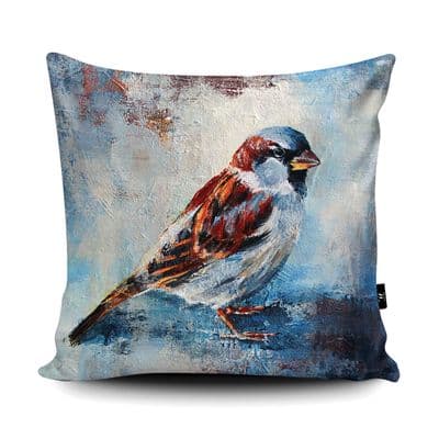 Sparrow Print vegan faux suede cushion with a Fibre Inner by Valerie de Rozarieux