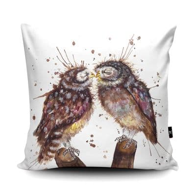Splatter Loved Up Owls Print vegan faux suede cushion with a Fibre Inner by Katherine Williams