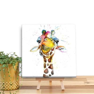 Splatter Rainbow Giraffe Small Wooden Canvas by Katherine Williams
