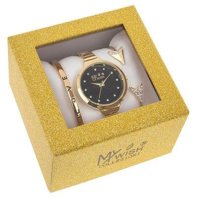 Timeless Gold Coloured Ladies Watch & 2 Bangle Gift Set with Box and Battery