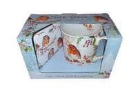 Winter Robin Fine China Mug and Coaster Set by Jennifer Rose Gallery
