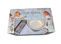 Winter Robin Fine China Mug and Coaster Set by Jennifer Rose Gallery