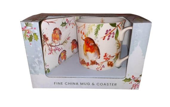 Winter Robin Fine China Mug and Coaster Set by Jennifer Rose Gallery