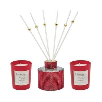 Xmas Diamante Two Red Candles & Diffuser Winter Berries  Gift Set