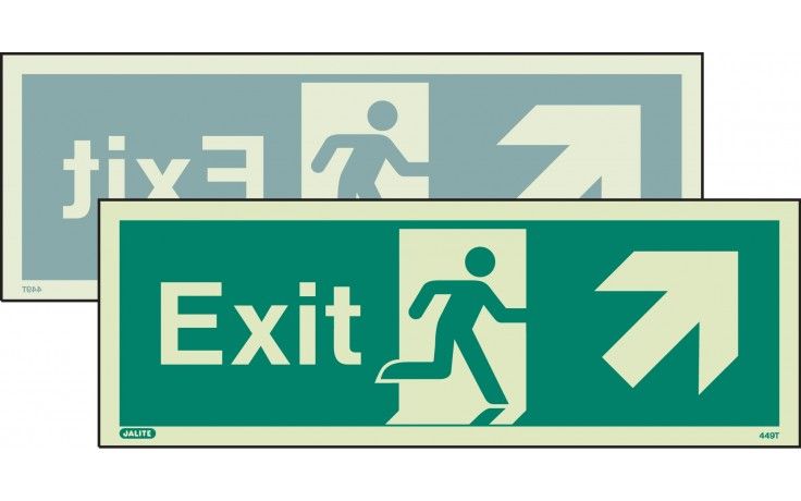 449DST/R - DOUBLE-SIDED FIRE EXIT SIGN UP TO THE RIGHT OR UP TO THE LEFT 120 x 340mm