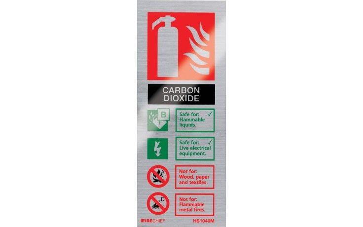 BRUSHED ALUMINIUM CO2 EXTINGUISHER IDENTIFICATION SIGN. Fire extinguisher sign