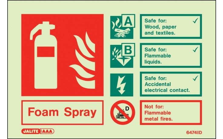 FOAM SPRAY PHOTOLUM. SAFE FOR ACCIDENTAL USE ON ELECTRIC FIRES FIRE EXTINGUISHER SIGN