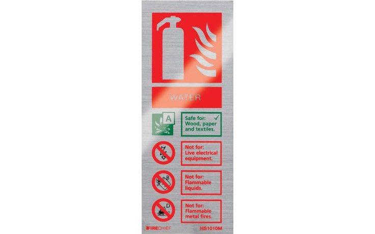 HS1010M - BRUSHED ALUMINIUM WATER EXTINGUISHER IDENTIFICATION SIGN (portrait). Fire extinguisher sig