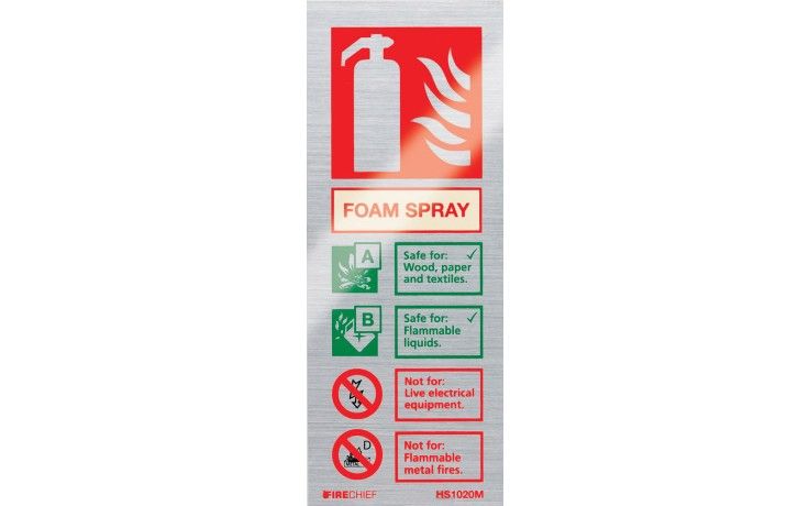 HS1020M - BRUSHED ALUMINIUM SPRAY FOAM EXTINGUISHER IDENTIFICATION SIGN (portrait). Fire extinguishe