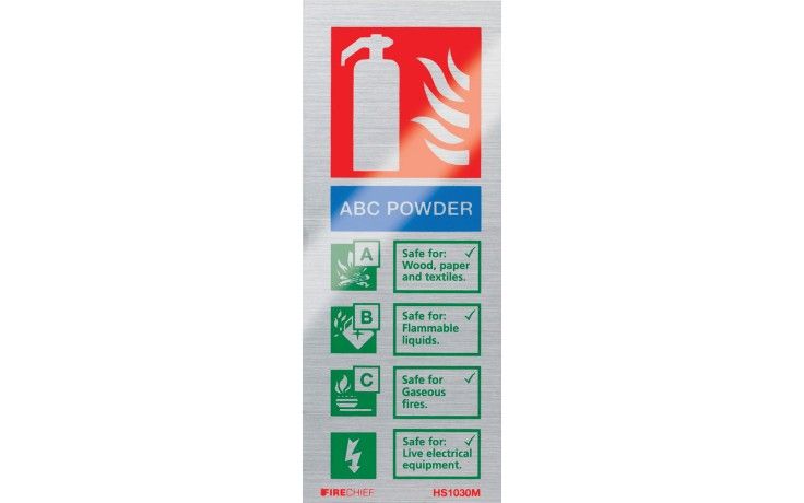 HS1030M - BRUSHED ALUMINIUM ABC POWDER EXTINGUISHER IDENTIFICATION SIGN (portrait). Fire extinguishe