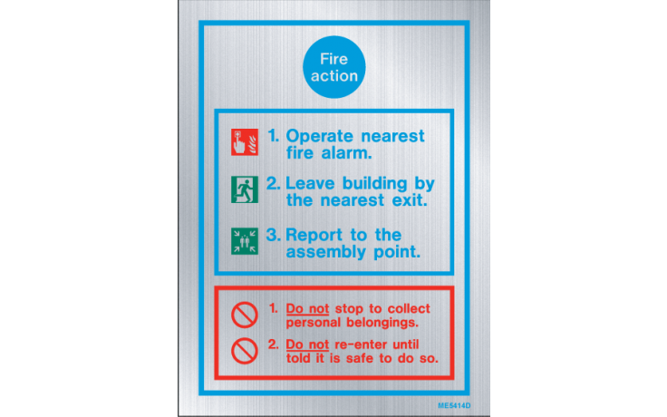 SIGN FIRE ACTION BRUSHED ALUMINIUM. Fire extinguisher sign