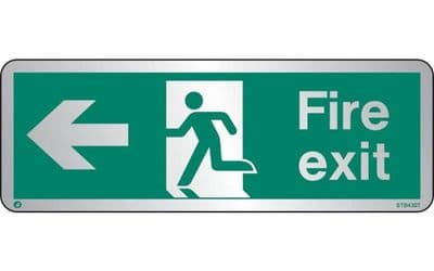 STB430T - BRUSHED STAINLESS STEEL FIRE EXIT SIGN LEFT WITH RADIUS CORNER