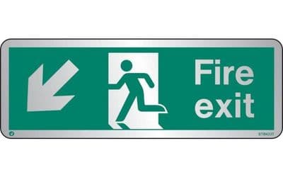 STB433T - BRUSHED STAINLESS STEEL FIRE EXIT SIGN DOWN TO THE LEFT WITH RADIUS CORNER