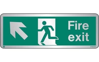 STB434T - BRUSHED STAINLESS STEEL FIRE EXIT SIGN UP TO THE LEFT WITH RADIUS CORNER