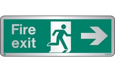 STB435T - BRUSHED STAINLESS STEEL FIRE EXIT SIGN RIGHT WITH RADIUS CORNER